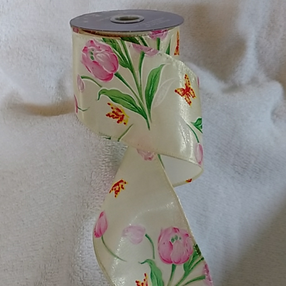 Easter, Spring, tulips wired ribbon 2.5" x 18'